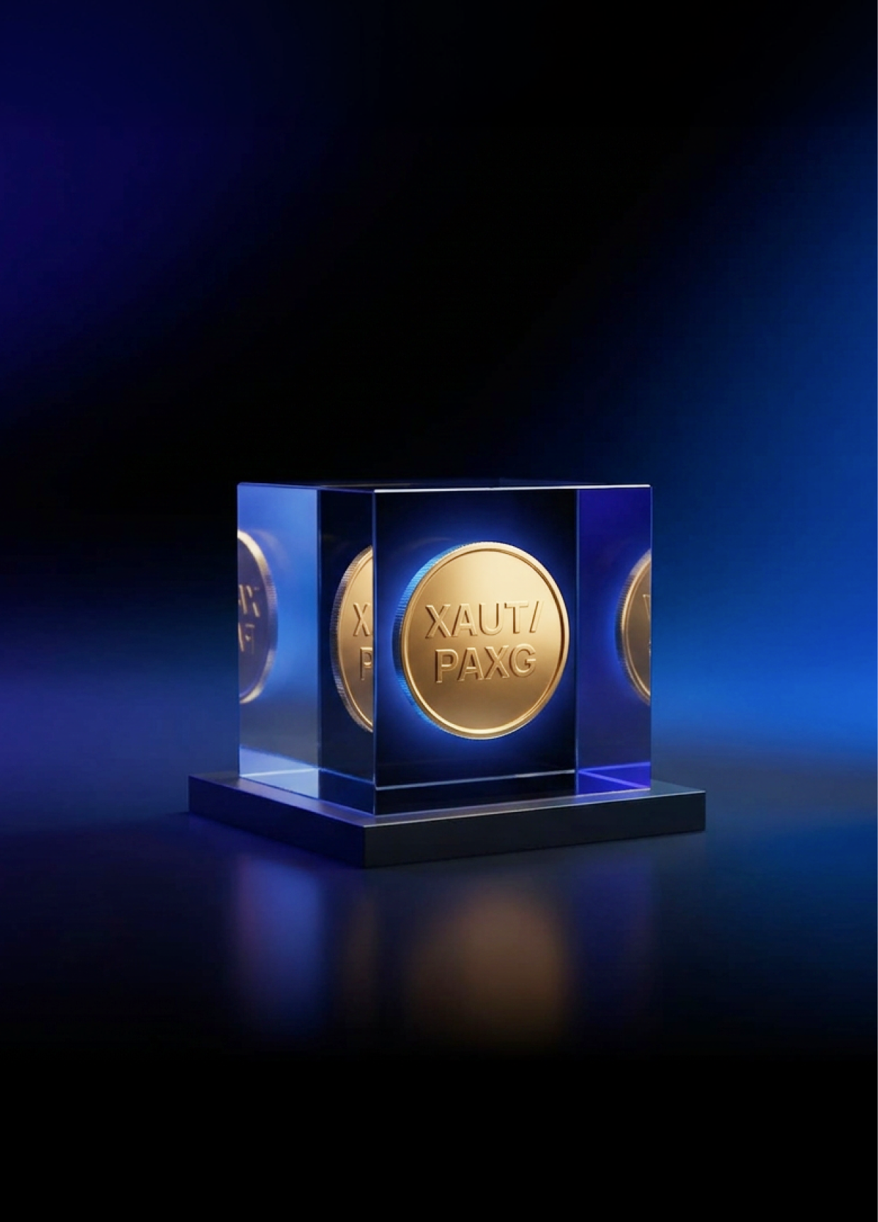 3D illustration of a glass cube displaying a gold XAUT/PAXG coin