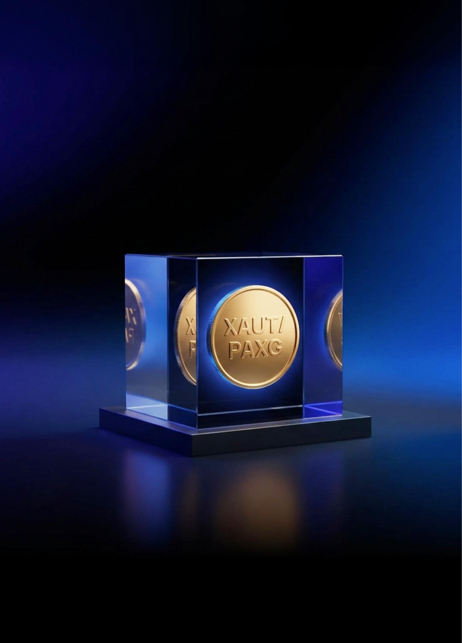 3D illustration of a glass cube displaying a gold XAUT/PAXG coin