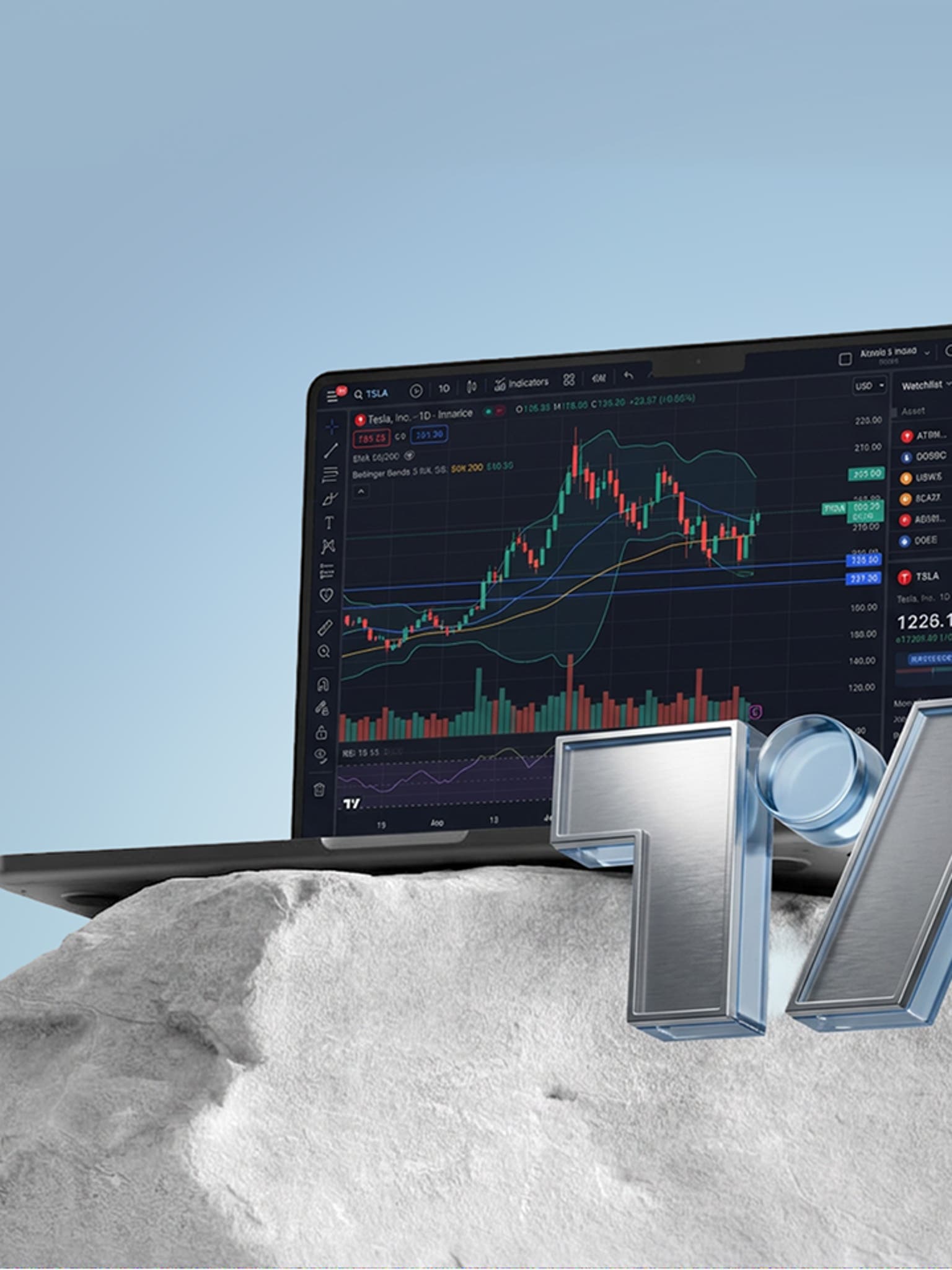 A laptop displaying a TradingView chart with a 3D TradingView logo on a rocky surface