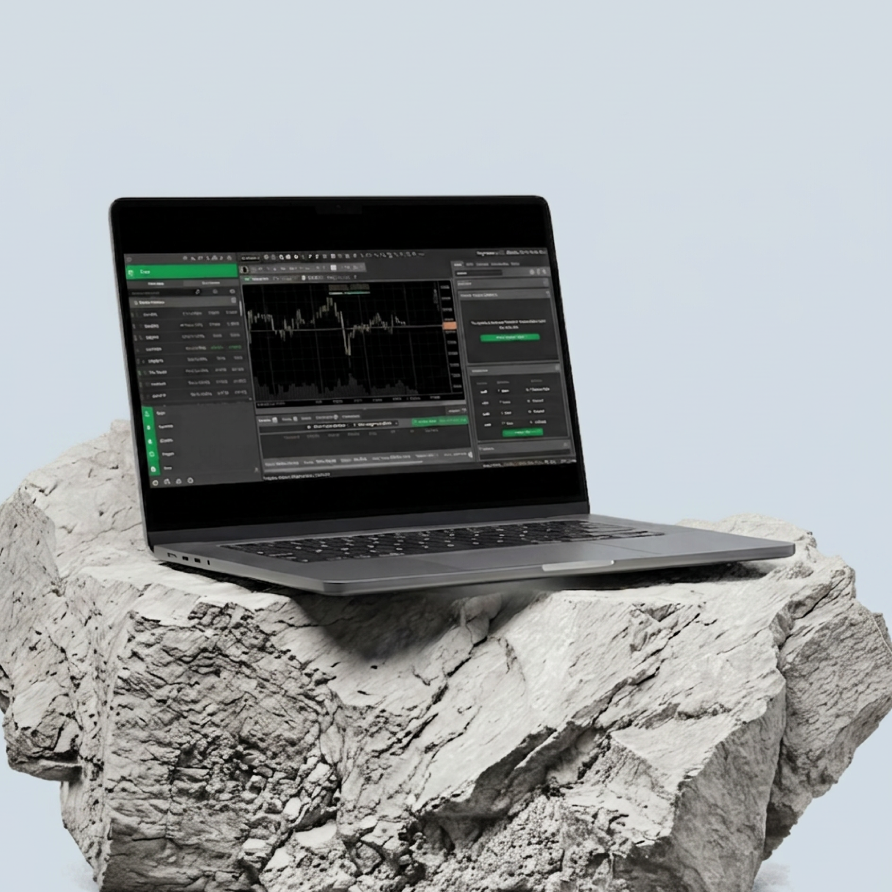 A laptop displaying a trading platform interface resting on a rock