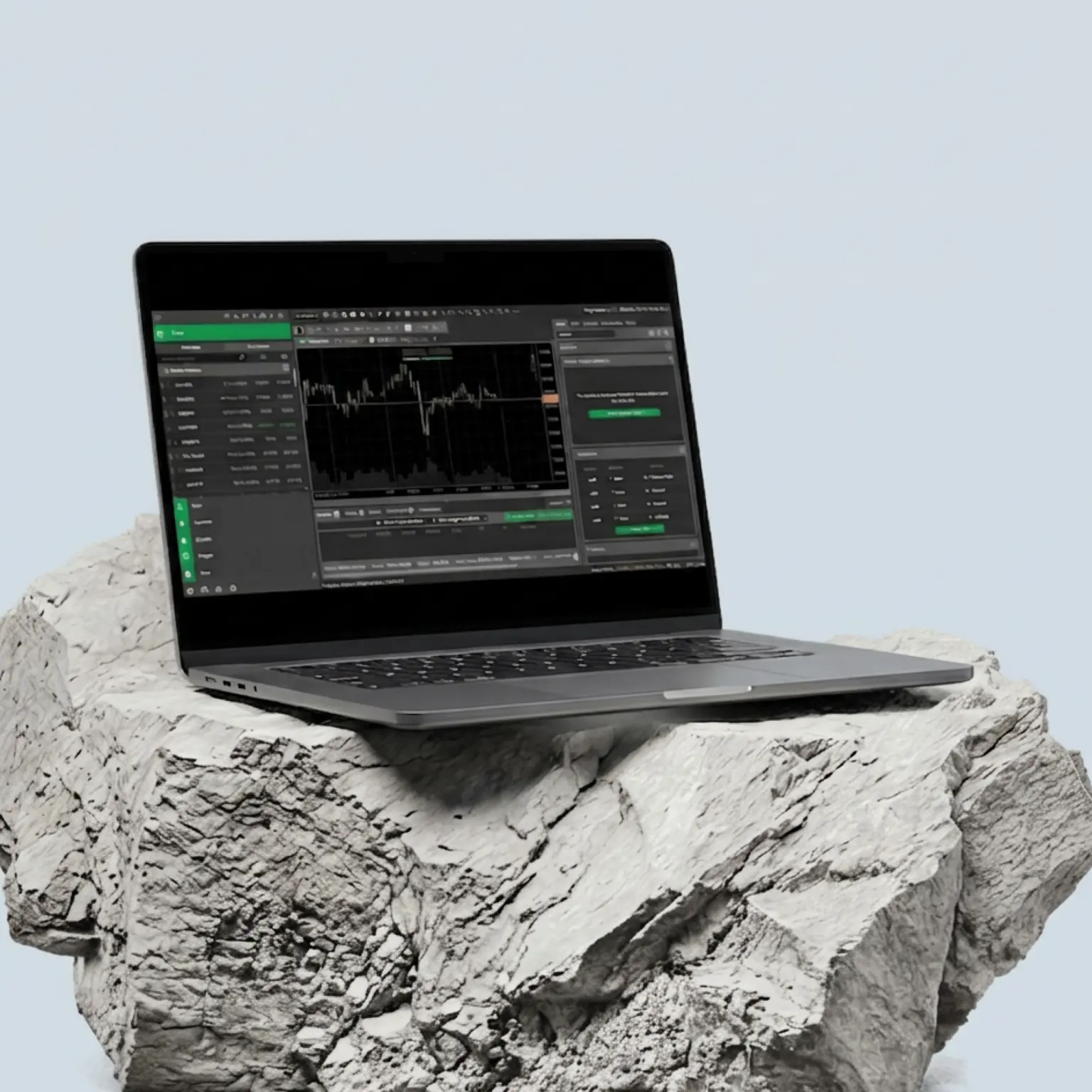 A laptop displaying a trading platform interface resting on a rock