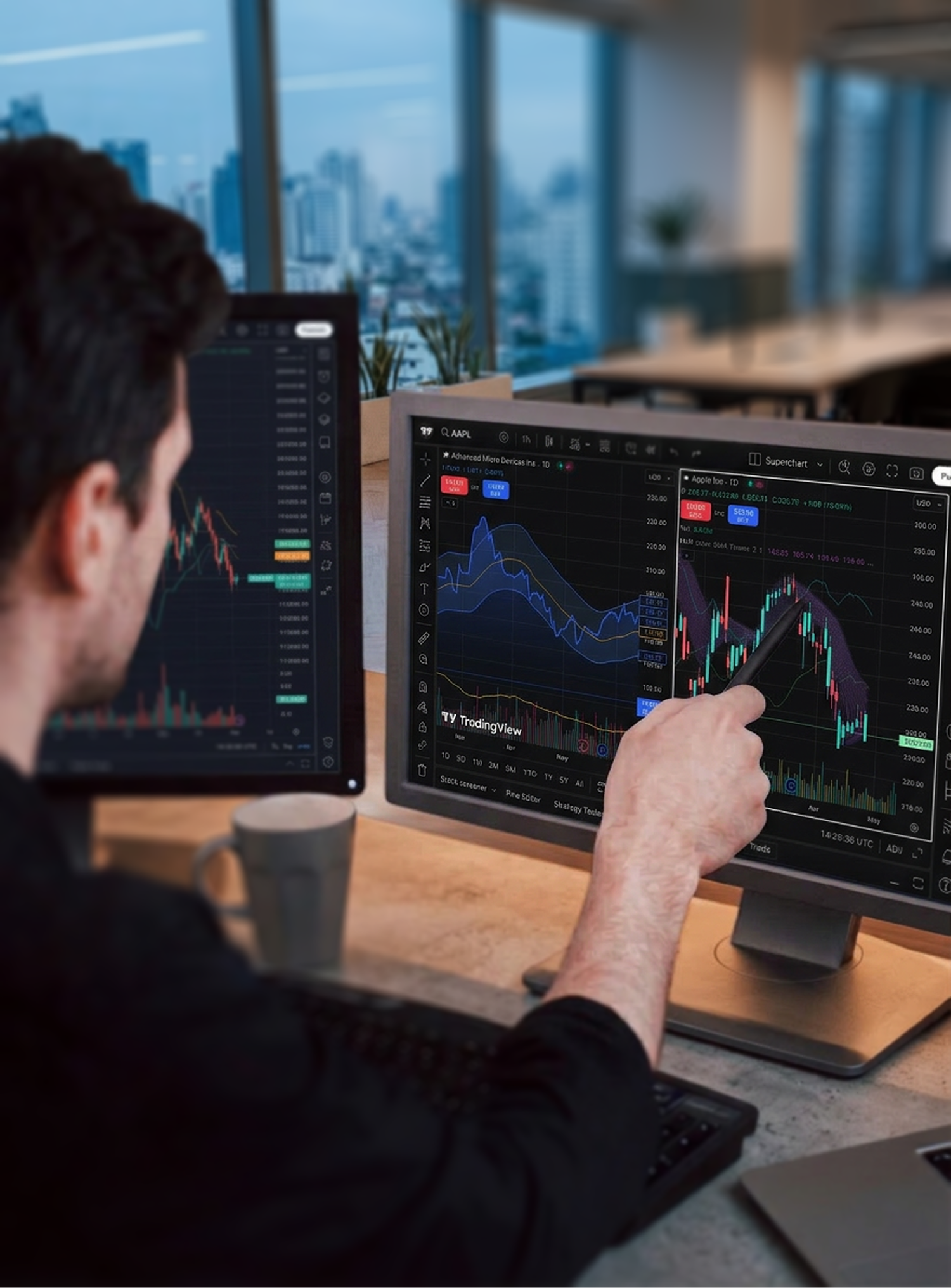 A trader analyzes forex candlestick charts across two monitors using the Pepperstone trading platform.