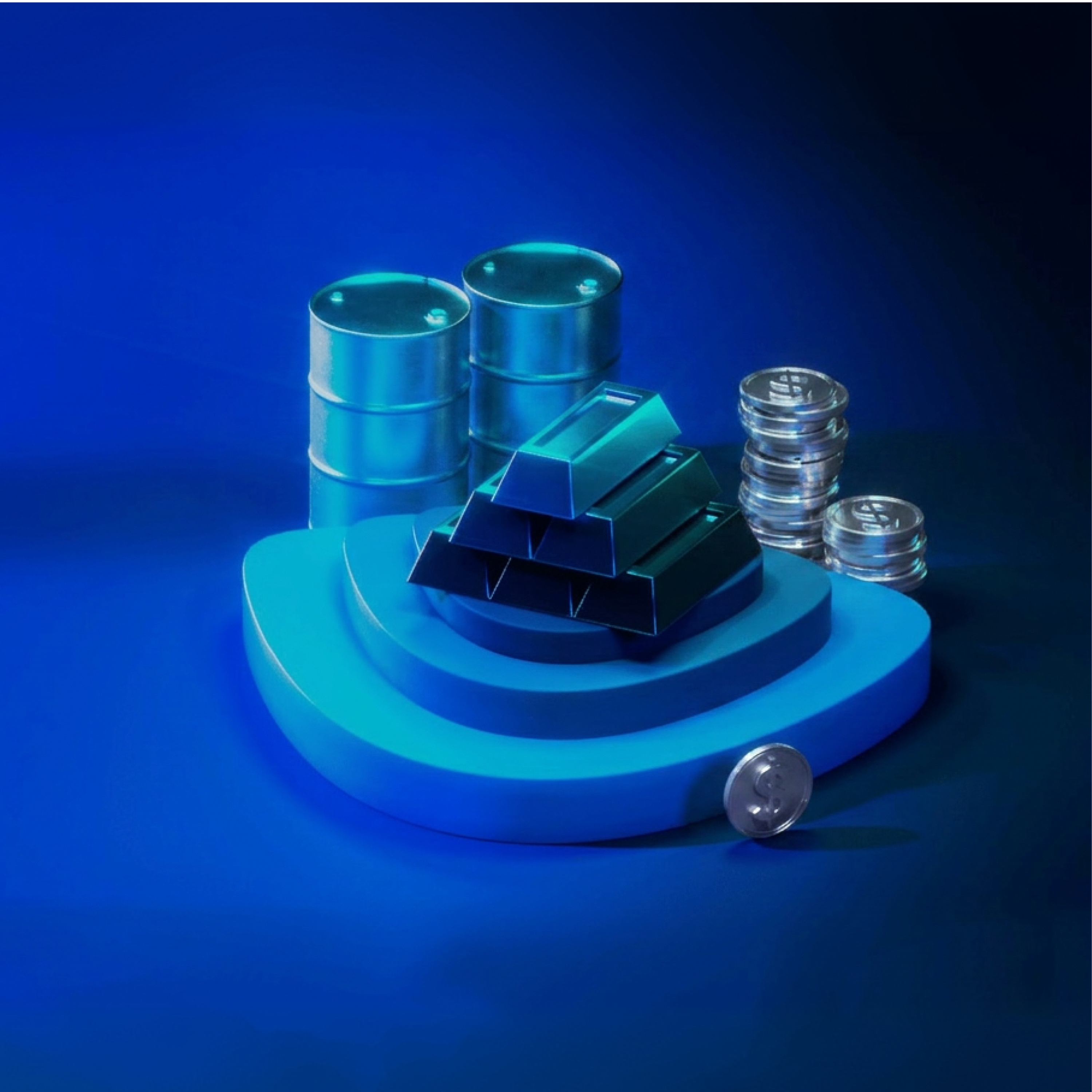 3D illustration of gold bars, oil barrels and dollar coins on a tiered podium representing commodities