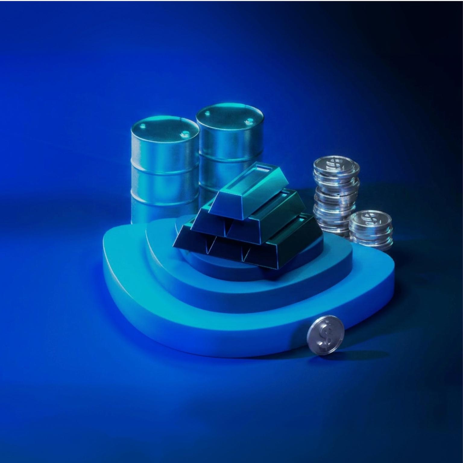 3D illustration of gold bars, oil barrels and dollar coins on a tiered podium representing commodities