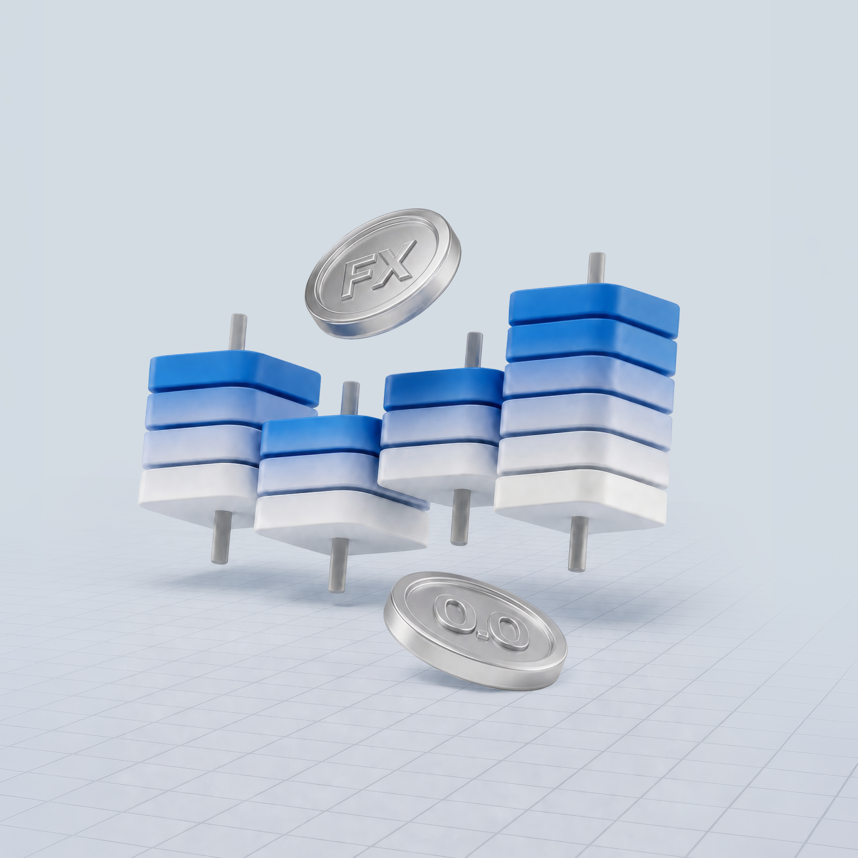 3D illustration of FX trading instruments with coins.