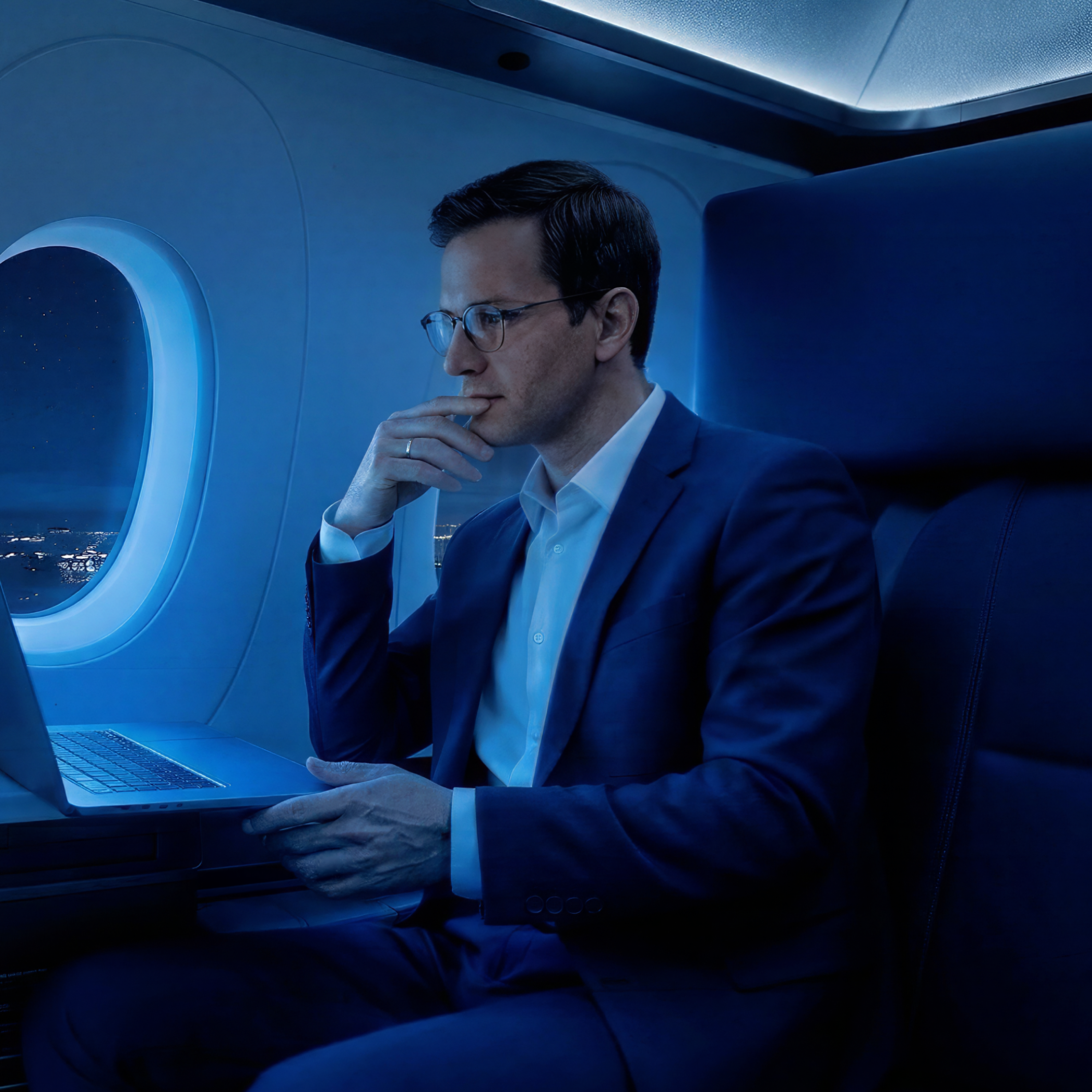 A businessman working on a laptop in a private jet cabin at night.