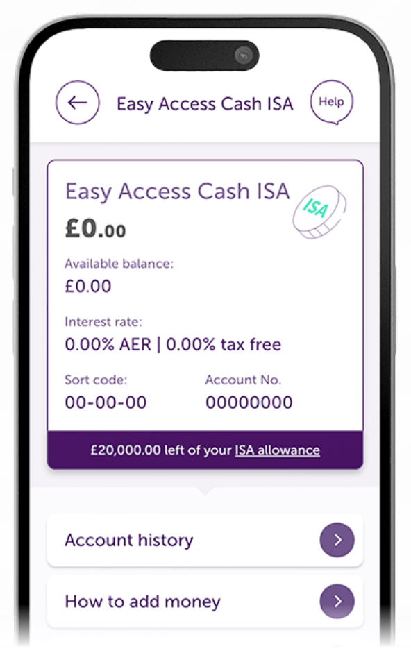 Atom Bank app showing the user's Easy Access Cash ISA account dashboard