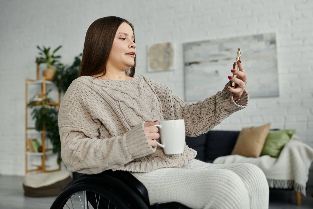 A woman holding a mug in one hand and a phone in the other
