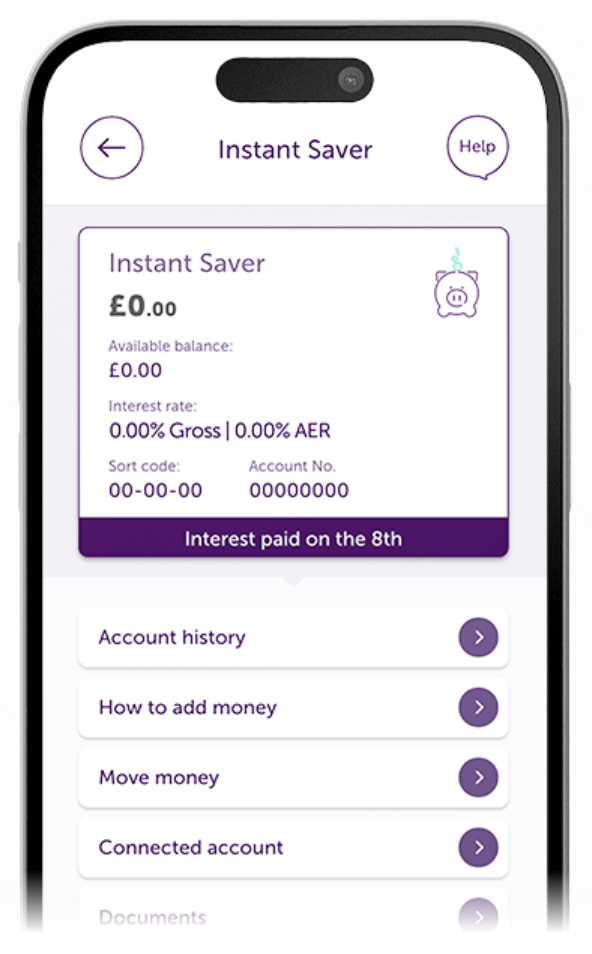 Atom Bank app showing the user's Instant Saver account page