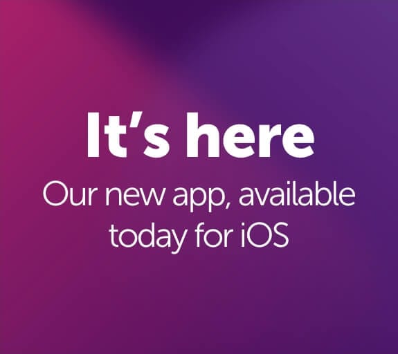 Phone displaying the Atom bank app home page with the words 'It's here, Our new app available today for IOS, coming soon to Google Play'