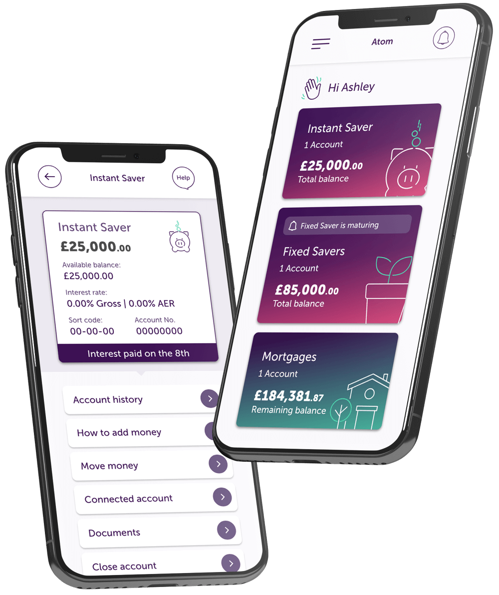 Two mobile phones displaying the atom bank app