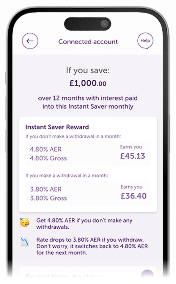 Atom Bank app showing the Instant Saver Reward interest projection