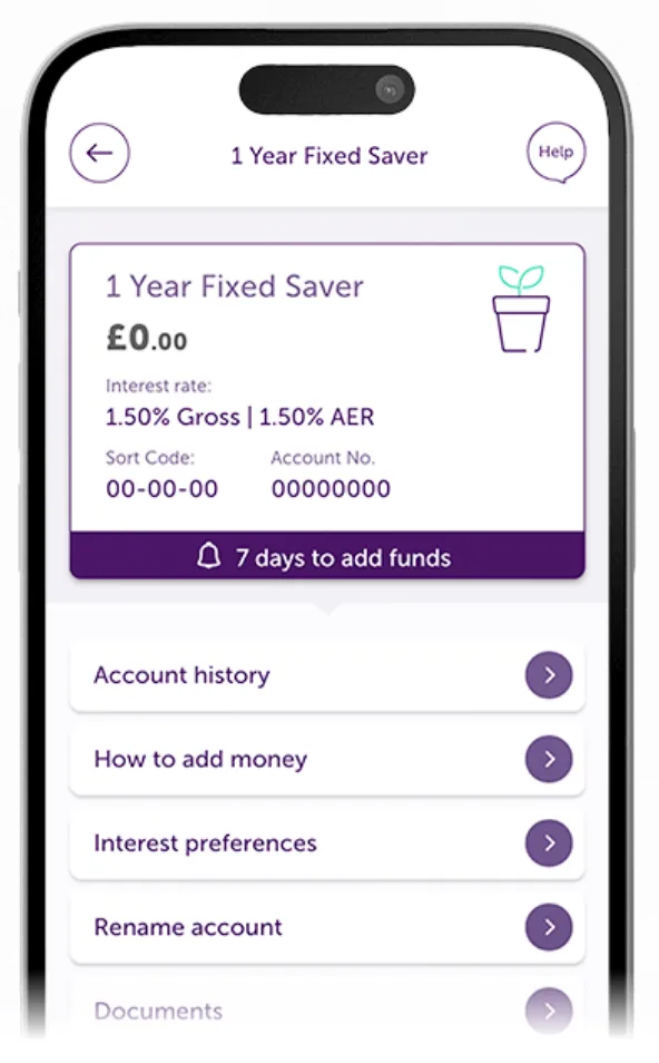 Atom Bank app showing the page where you can fund your fixed saver account