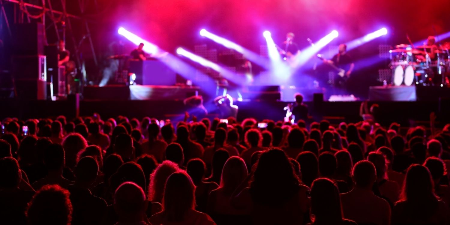 A crowd of people listening to a music set