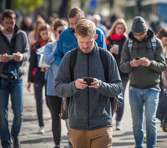 A group of people walking in the street looking at their phones