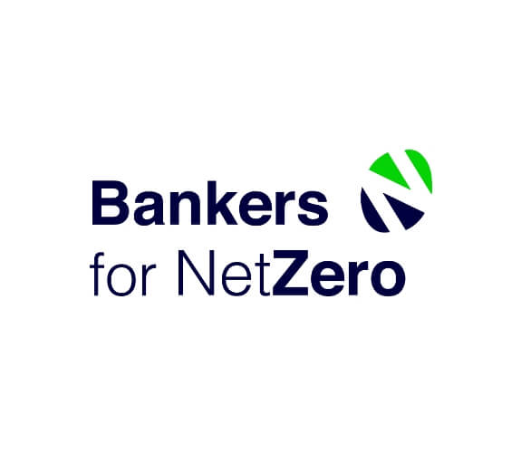 Atom bank's logo x Bankers for Net Zero logo on a background of green trees.