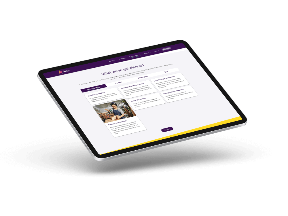 Tablet displaying Atom bank's Business Roadmap
