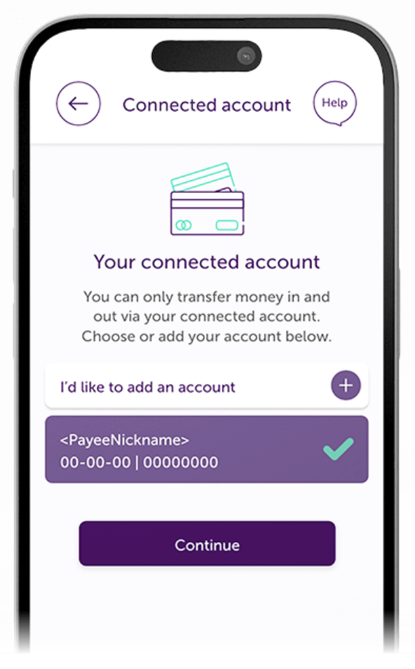 Atom Bank app showing the page for the user to add their connected account