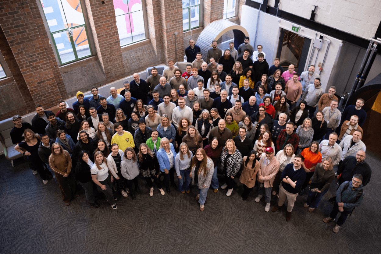 Atom bank staff group photo from above