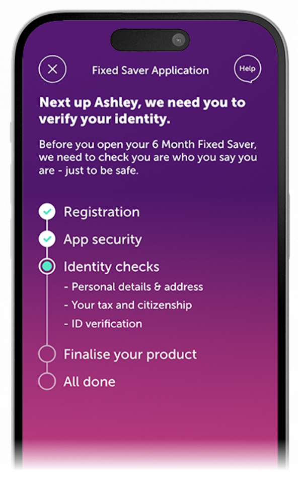 Atom Bank app showing page for fixed saver ID checks