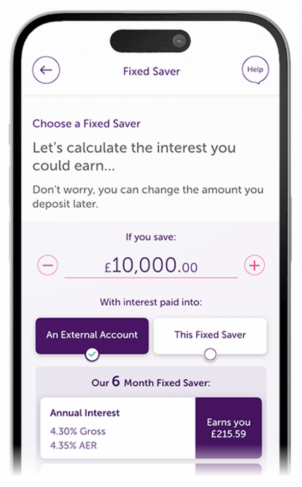Atom Bank app showing a page of the fixed rate saver products