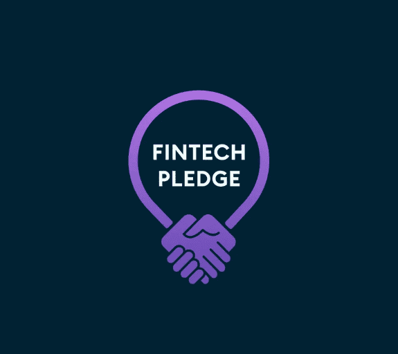 The Fintech Plegde logo in purple on a white background featuring a ring with two cartoon hands shaking at the bottom