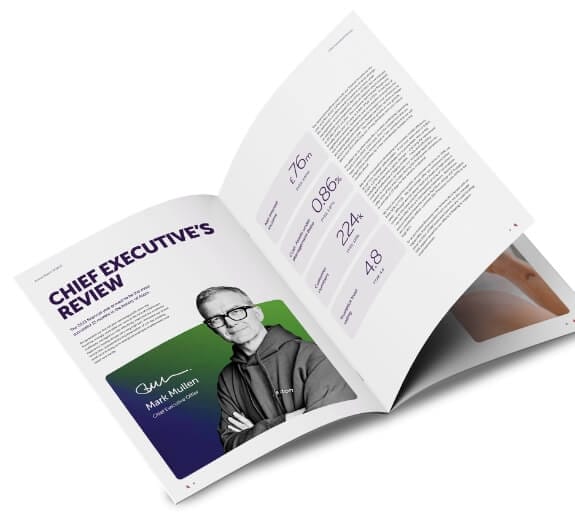 An image of the annual report pamphlet opened on the chief executive's review page