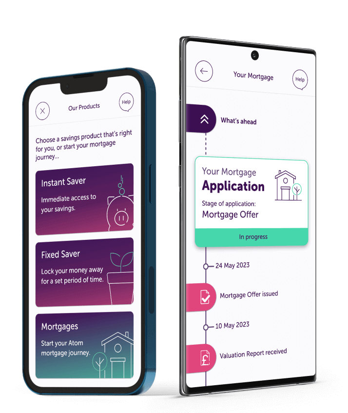 Our products screen display on the Atom bank app