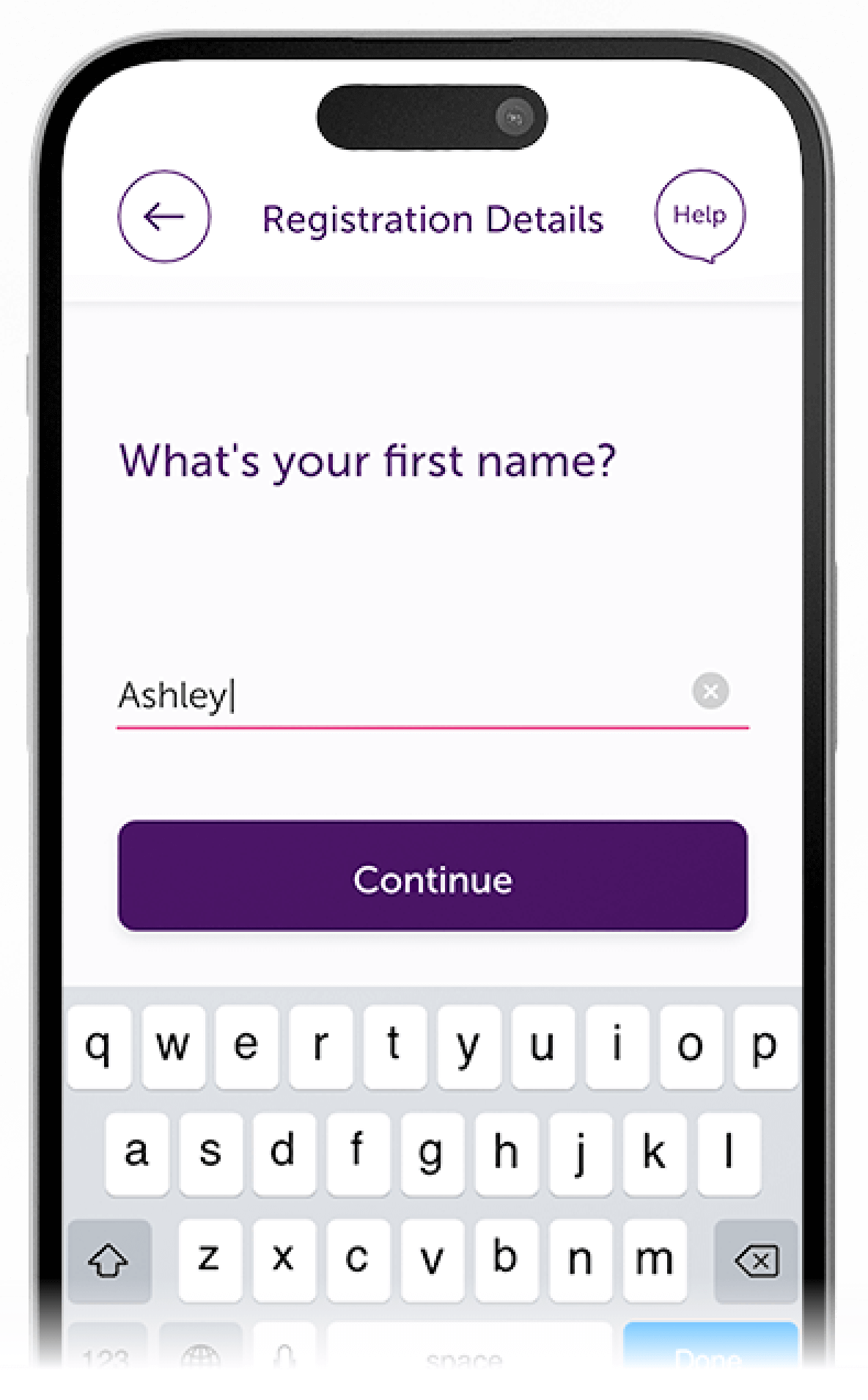 Atom Bank app showing the registration details page with a user inputing their name