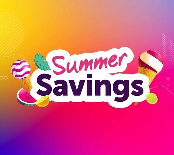 A bright logo containing fruit and ice cream placed around the words Summer Savings and outlined in white