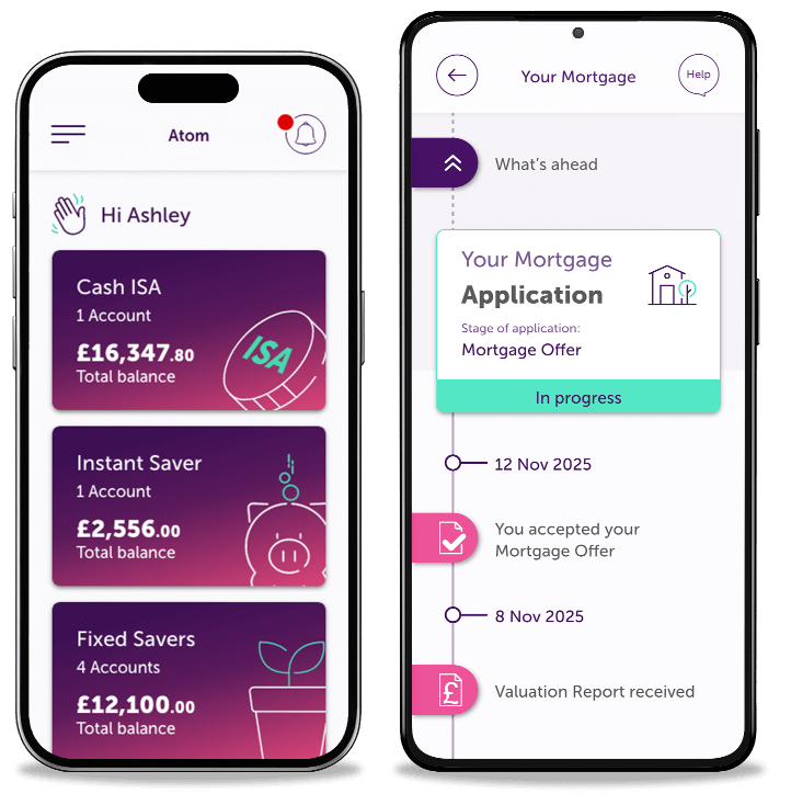 Two iPhones side by side, showing 'Our Products' app page and 'Your Mortgage' app page