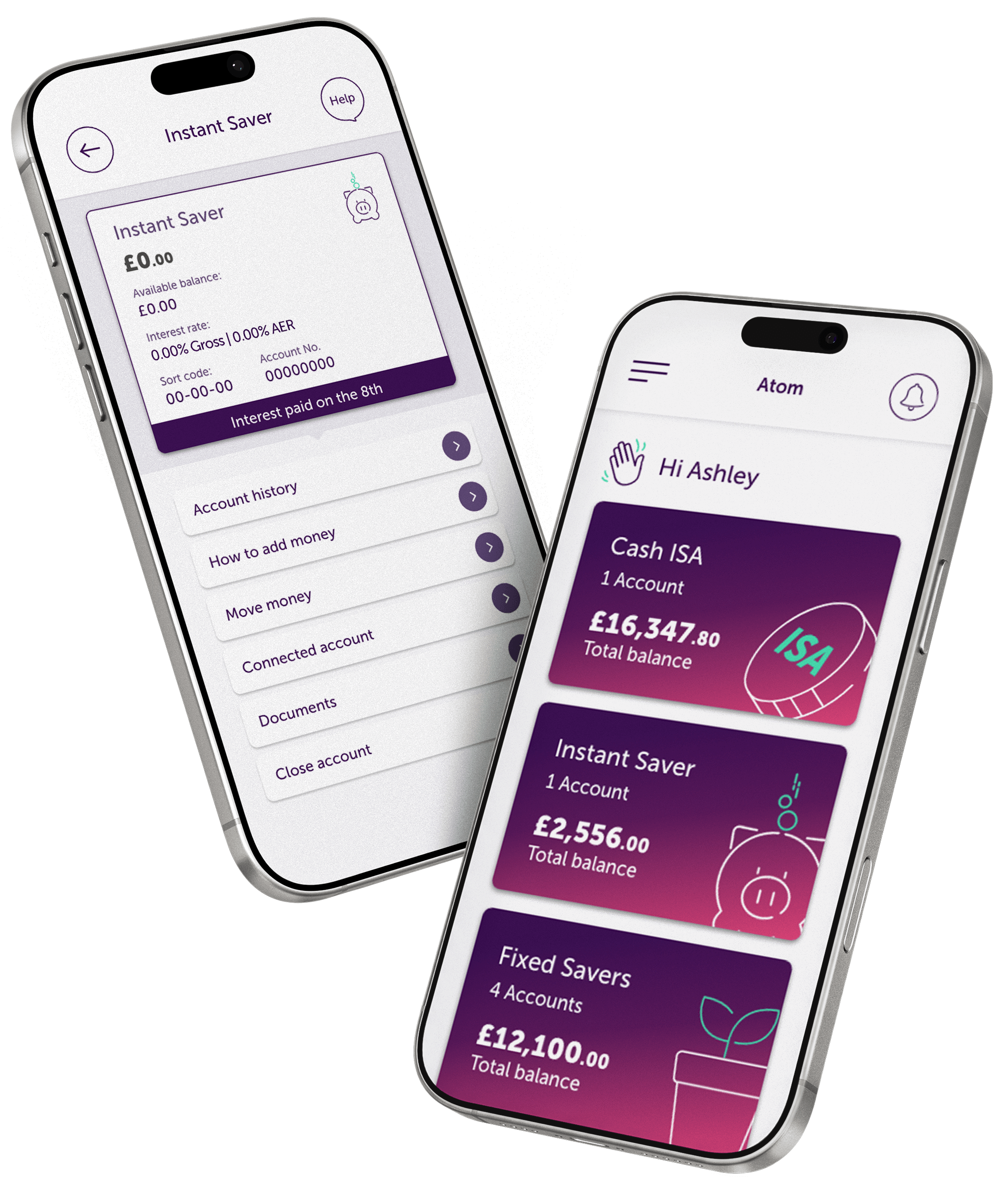 Two phones showing instant savings account and products page