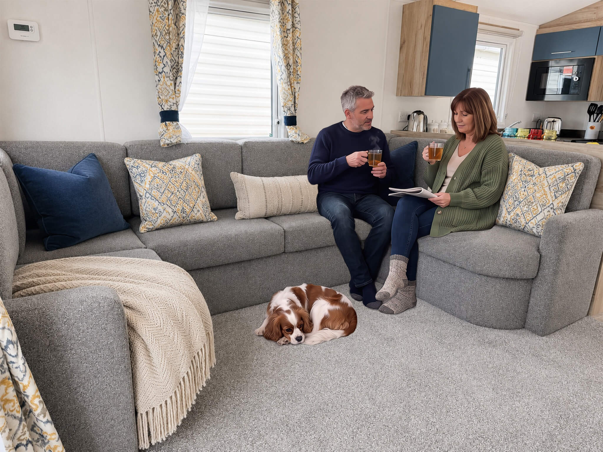 Couple with dog enjoying 2027 Willerby Jevington. Photo for illustrative purposes only. Interiors may differ.