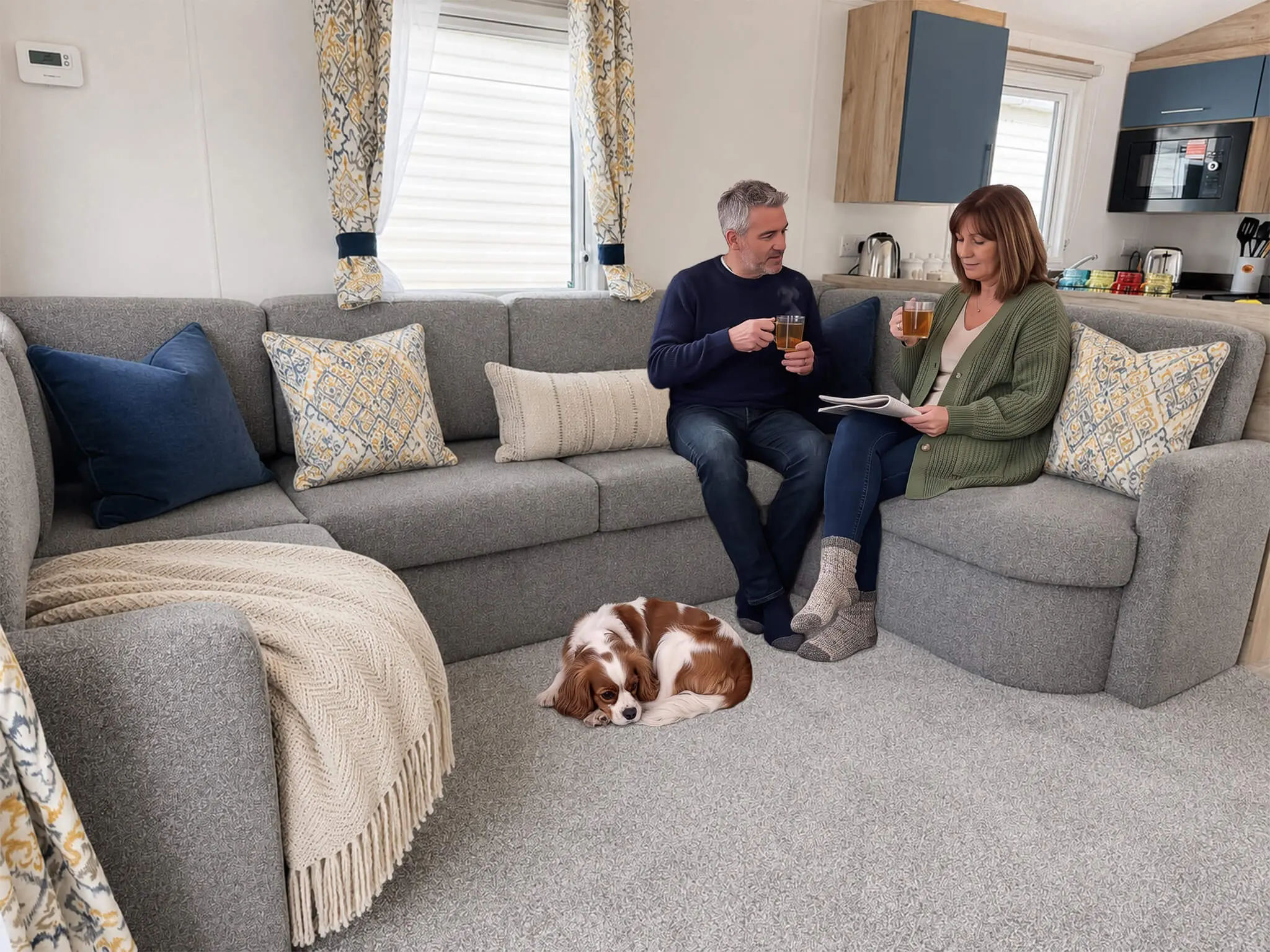 Couple with dog enjoying 2027 Willerby Jevington. Photo for illustrative purposes only. Interiors may differ.