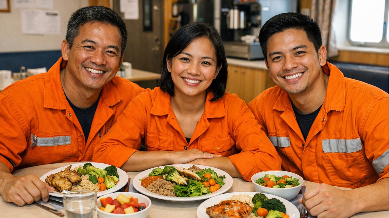 two men and a women in orange overalls smiling at dinner table