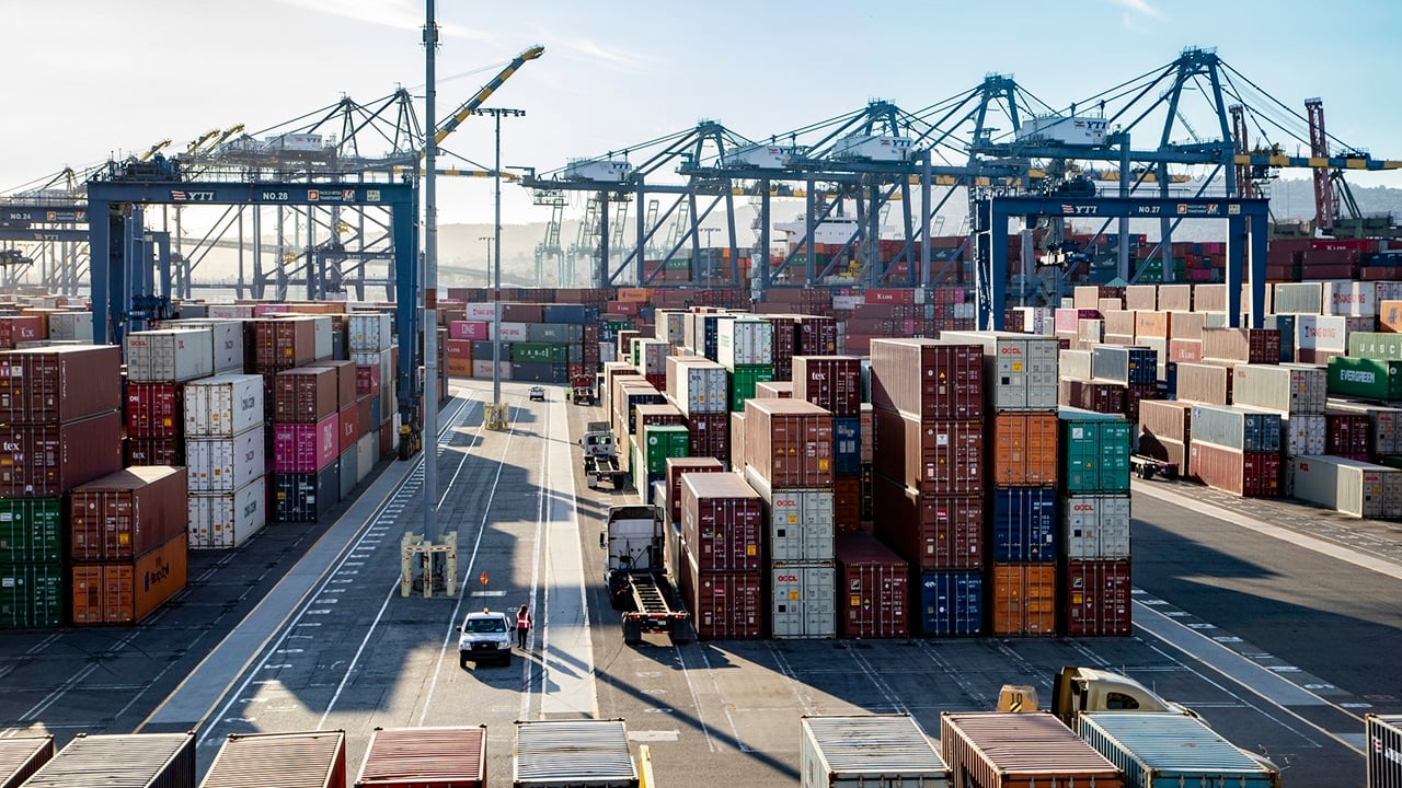 containers stacked in a port
