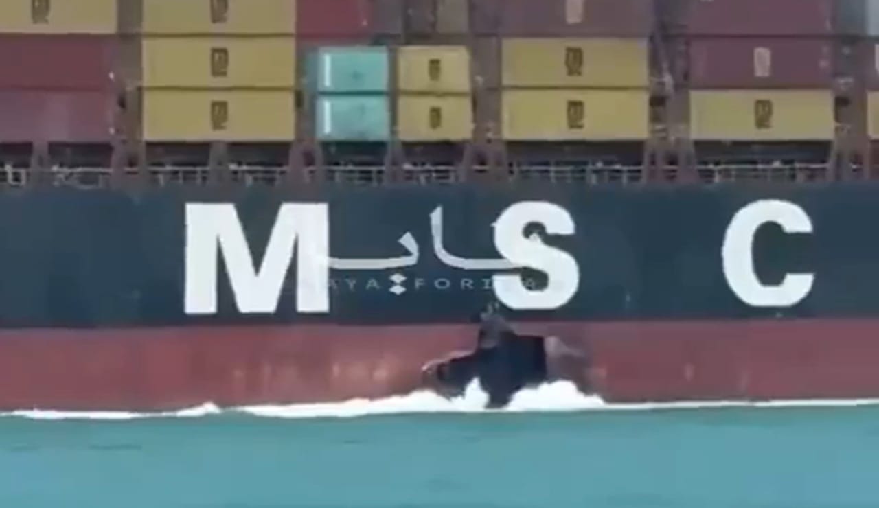 Trade Ship Exploding Large explosion as MSC container ship struck in the Gulf