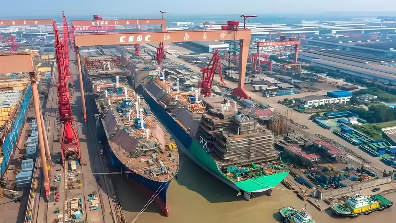 View of ships being built in a shipyard