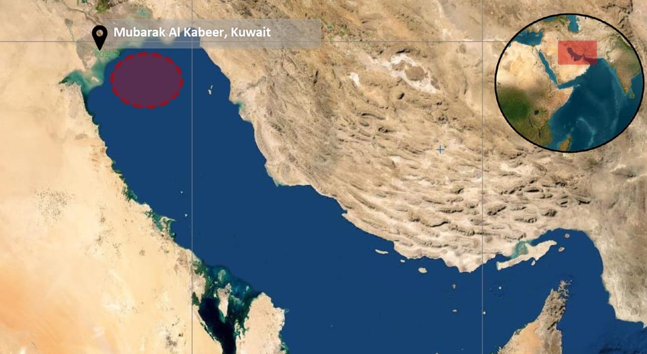 map of the Arabian Gulf with ship attack location marked