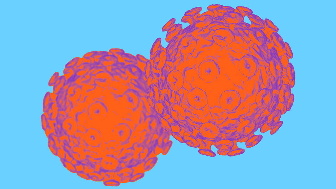 Stilisierte Darstellung eines Schwarms von HIV-Partikeln (Humanes Immundefizienzvirus). Die kugelförmigen Viren mit ihren typischen Oberflächenstrukturen, sind im kräftigen Rot-Violett gehalten und heben sich visuell von hellblauen Hintergrund ab.