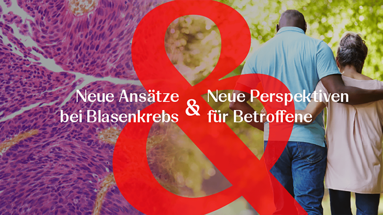 Health&Care – Neue Ansätze und neue Perspektiven bei Blasenkrebs Visual mit einer histologischen Aufnahme von Blasenkrebszellen und einer Alltagsszene mit zwei Personen im Grünen; verbunden durch ein grafisches Ampersand. Eingeblendeter Text: "Neue Ansätze bei Blasenkrebs & Neue Perspektiven für Betroffene"