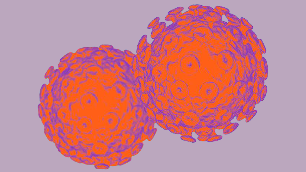 Stilisierte Darstellung eines Schwarms von HIV-Partikeln (Humanes Immundefizienzvirus). Die kugelförmigen Viren mit ihren typischen Oberflächenstrukturen, sind im kräftigen Rot-Violett gehalten und heben sich visuell von hellvioletten Hintergrund ab.