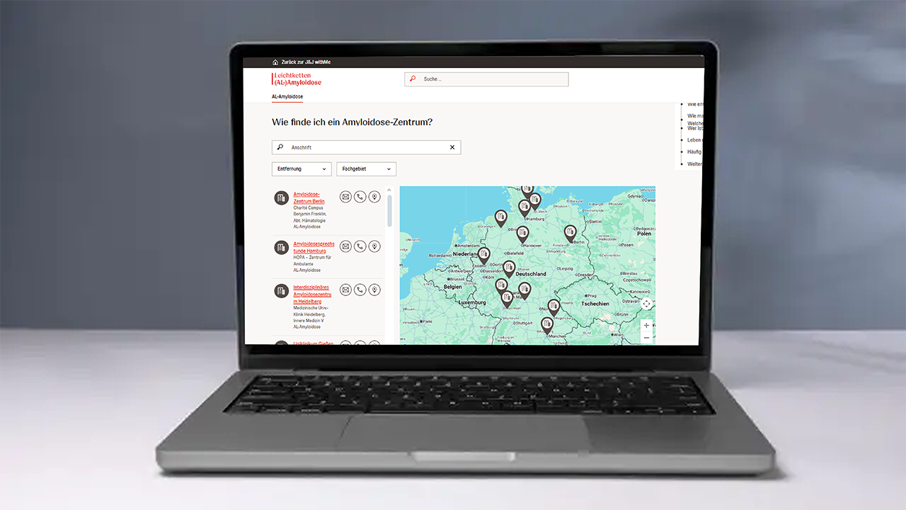 Laptop mit interaktiver Karte von Amyloidose-Zentren