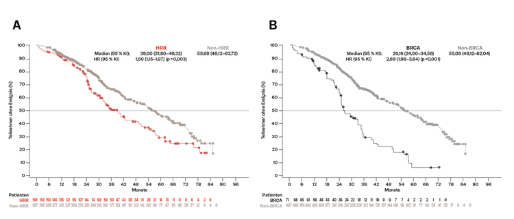 Kaplan-Meier-Kurven zum Überleben bei HRR- und BRCA-positiven vs. negativen Patient:innen