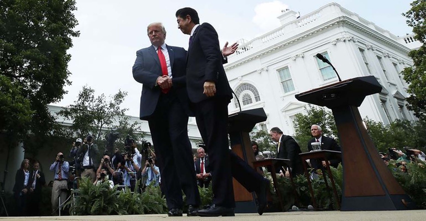 President Donald Trump and Japanese Prime Minister Shinzo Abe shake hands after a news conference in the Rose Garden at the W President Donald Trump and Japanese Prime Minister Shinzo Abe shake hands after a news conference in the Rose Garden at the W