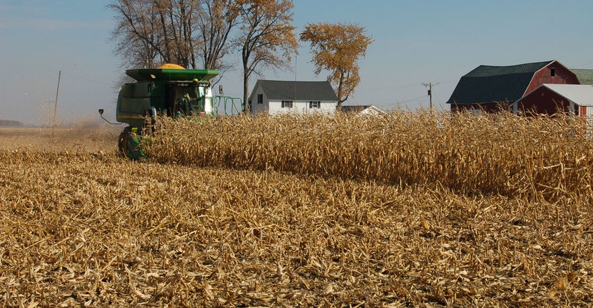 Scenic view of a combine harvesting corn with a farm house and red barn on the horizon