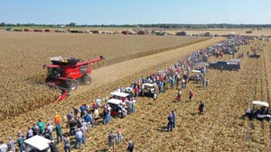  aerial view of corn harvest demo at Farm Progress Show