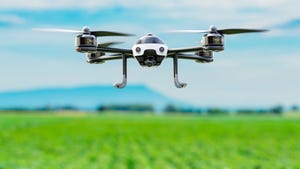 Close up of a drone flying over a cornfield