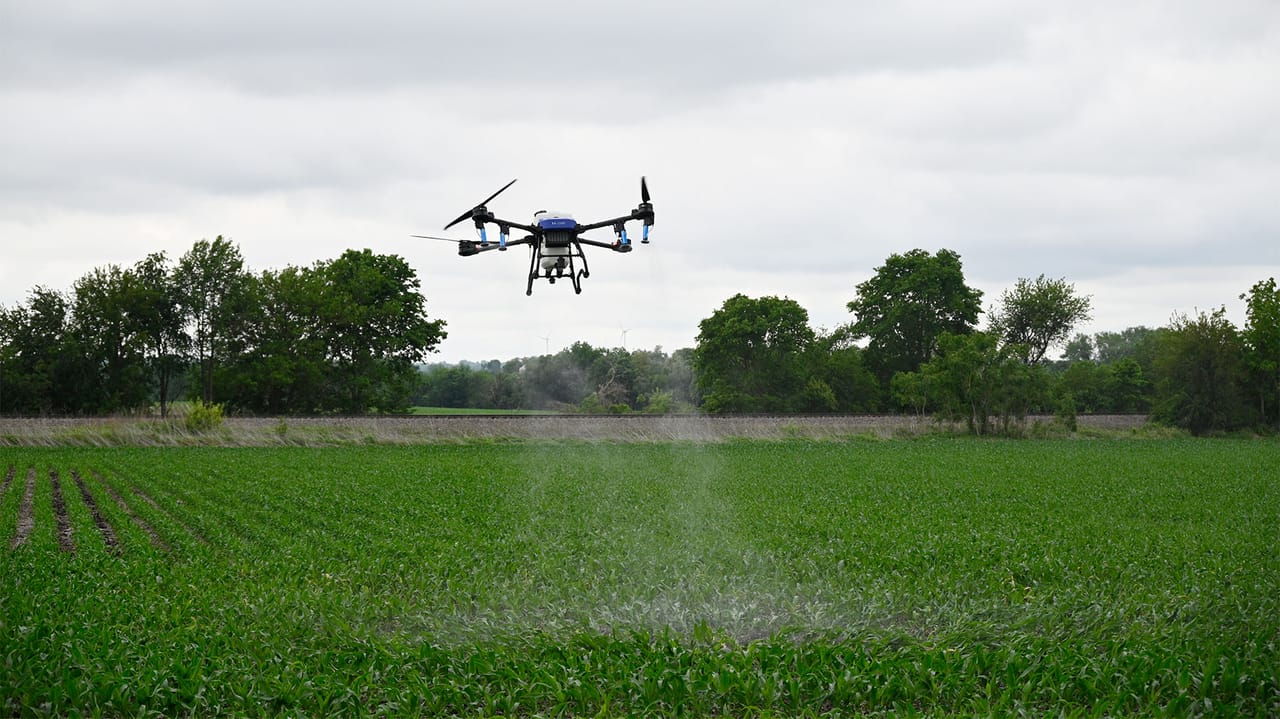 Agricultural drone spraying crops in green field by Drone Spray Provider