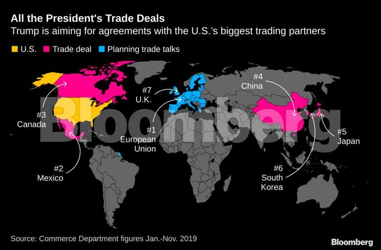 Map showing world and where U.S. has made trade deals under Trump